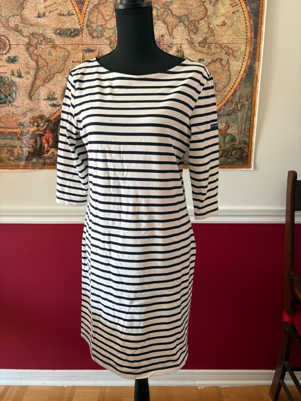 Saint James Black & White Striped Midi Boatneck Dress